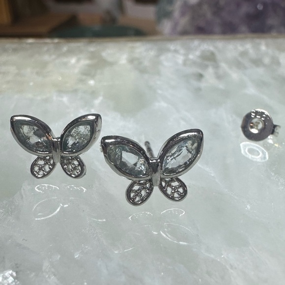 925 blue topaz Silver Butterfly Stud Earrings - Picture 6 of 7